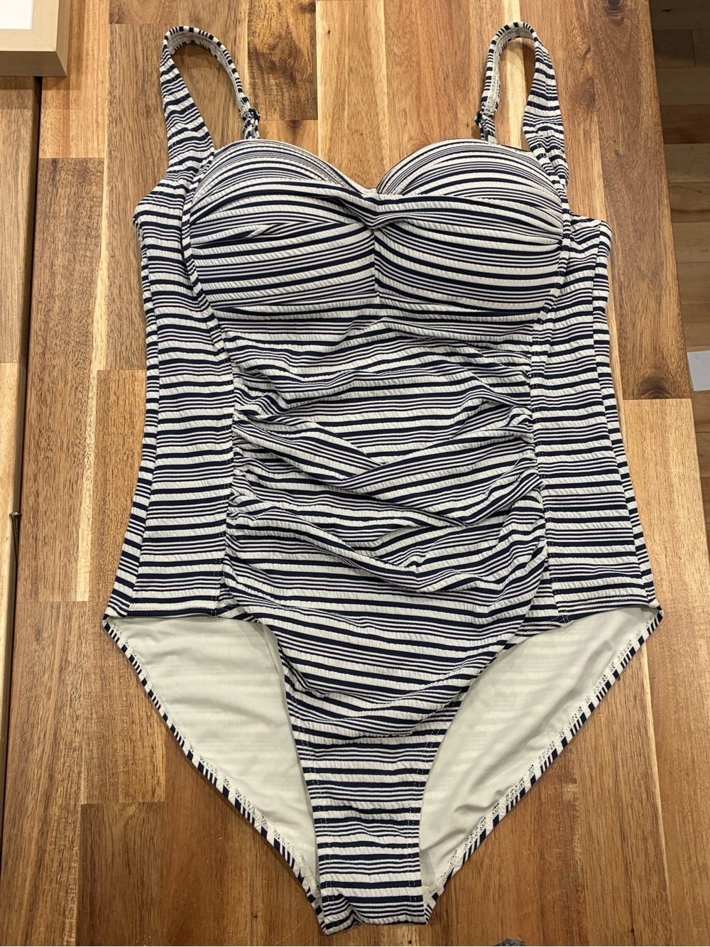 Navy and White Striped Ruched One-Piece Swimsuit